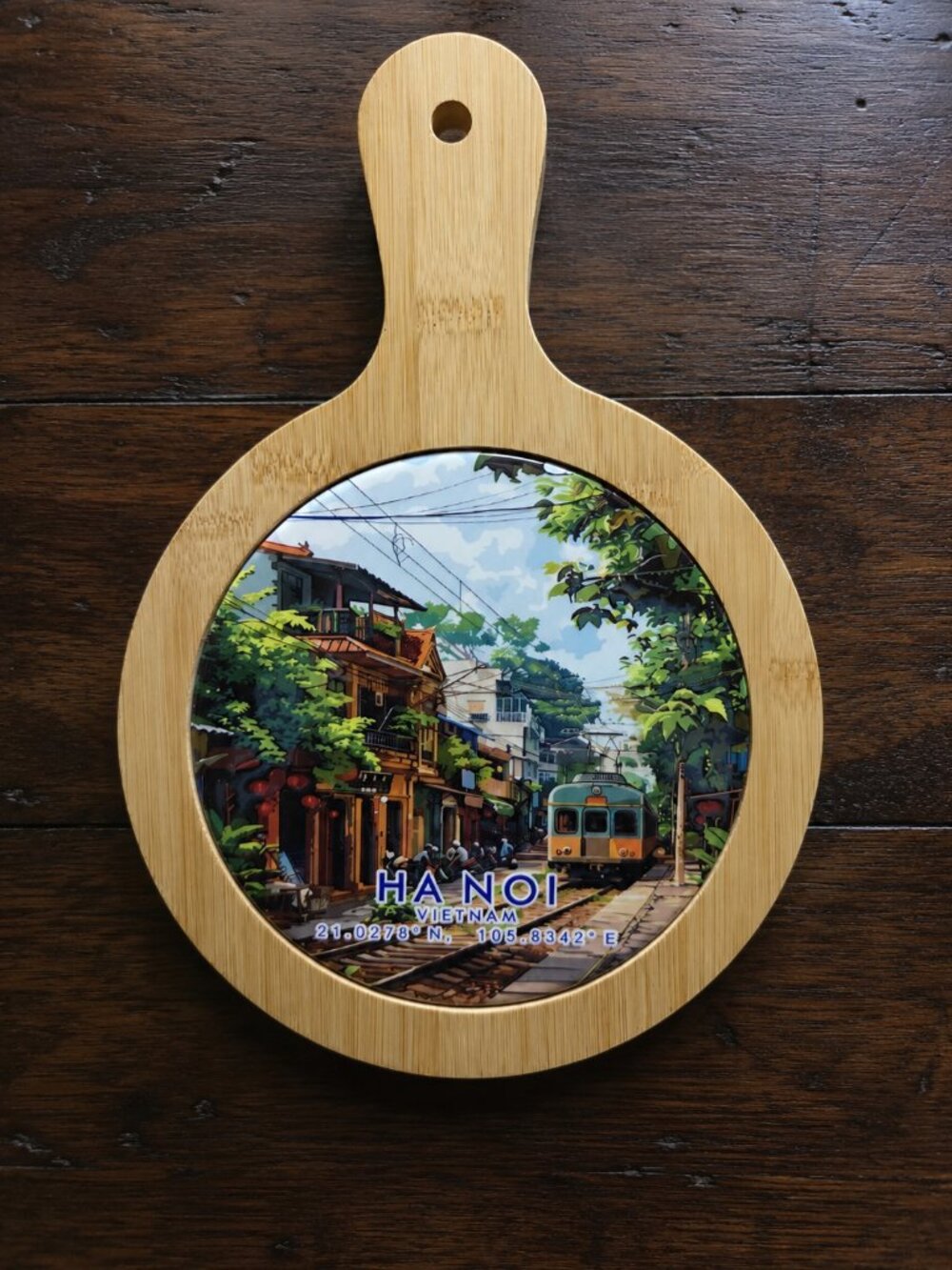 Hand-Painted Hanoi Vietnam Street Train Bamboo Serving Board Paddle, Embossed